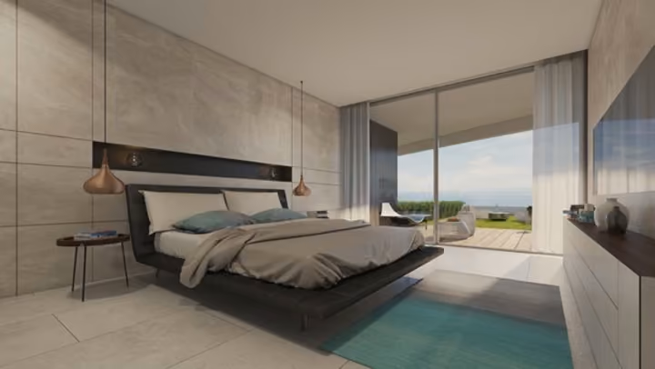 Developer interior visualization of a double bedroom with full-height glazing and a garden outlook.