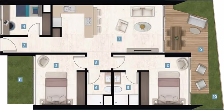Three-bedroom apartment floor plan.