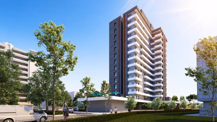 Rendering of the residential tower beside trees and landscaped street edges.