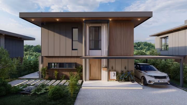 The entrance facade of a villa with a covered parking space. Architectural render supplied in the project source folder; it illustrates the proposed design.