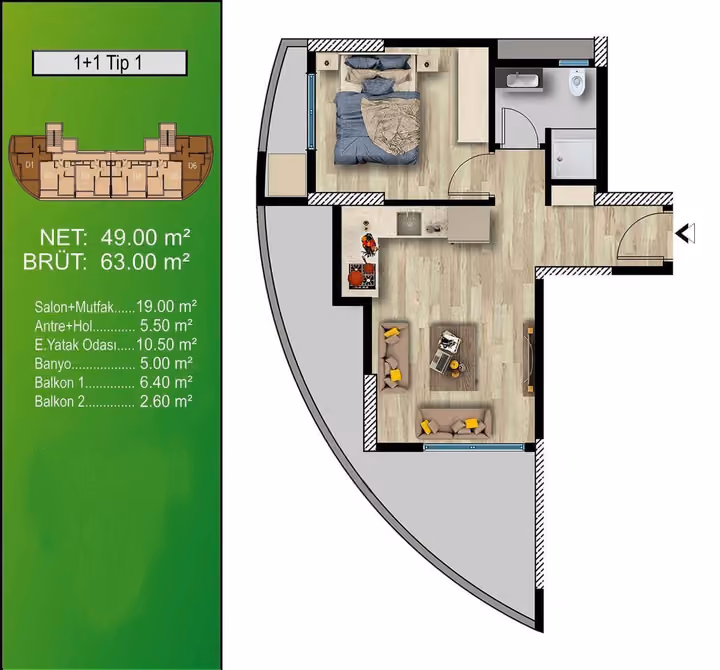 General corner one-bedroom plan labelled 63 square meters gross; not an advertised sale option