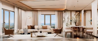 Architectural rendering of a living and dining room with wide windows and a sea view.