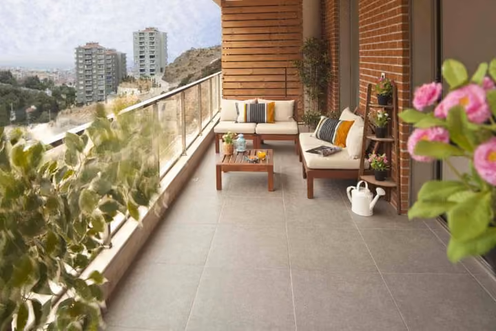 Covered balcony facing the residential gardens.