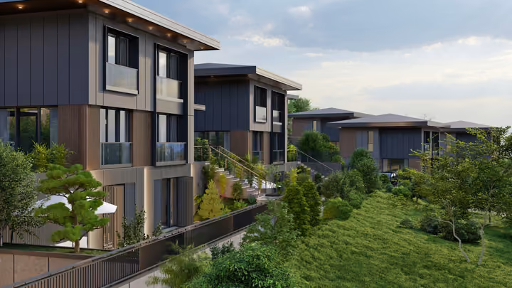 A row of villas above a planted slope with garden terraces. Architectural render supplied in the project source folder; it illustrates the proposed design.