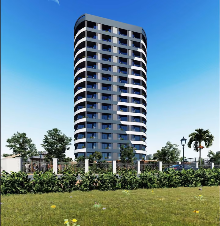 Rendering of the residential tower with foreground landscaping