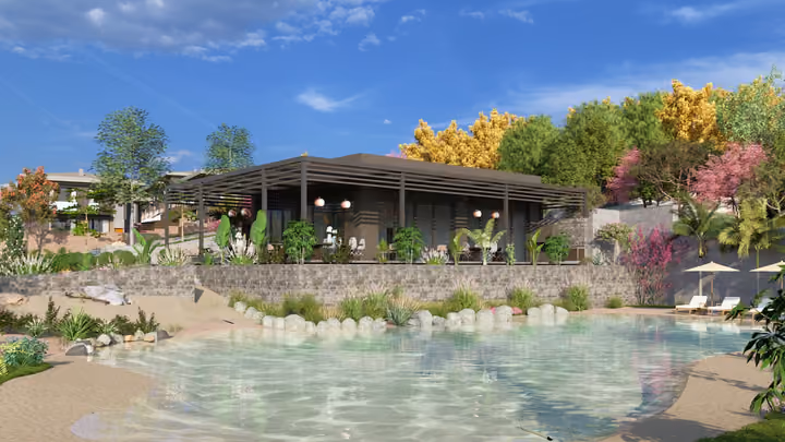 A landscaped pool beside a glazed leisure pavilion and terrace. Architectural render supplied in the project source folder; it illustrates the proposed design.