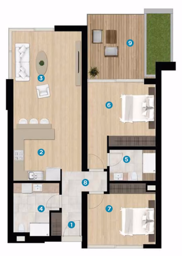 Illustrative two bedroom apartment floor plan in Boyalik, Cesme.