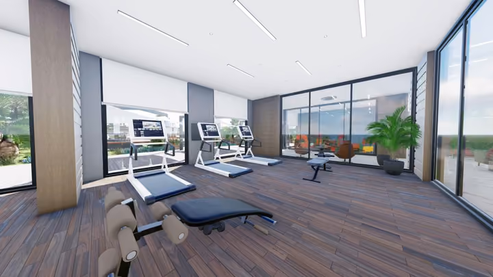 Rendering of the shared gym with cardio equipment