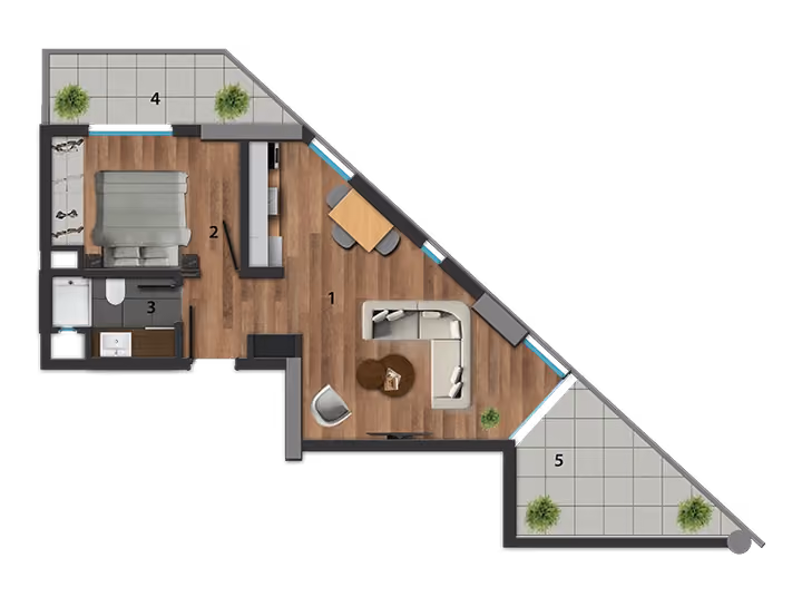 One-bedroom corner apartment with two balconies floor plan, showing room arrangement and outdoor space.