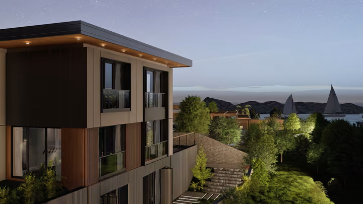 A villa and its planted garden with the sea illustrated beyond. Architectural render supplied in the project source folder; it illustrates the proposed design.