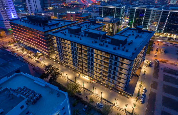 Photograph of aerial overview of the mixed-use development.