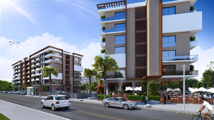 Architectural rendering showing the apartment facade, ground floor businesses and street in daylight.