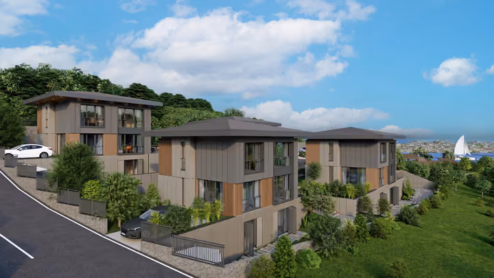 Hillside villas beside an internal road with the sea illustrated in the distance. Architectural render supplied in the project source folder; it illustrates the proposed design.