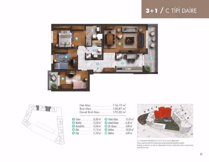 Apartment plan showing 3 bedrooms and 2 bathrooms; 128.87 square metres gross and 116.10 square metres net. General gross area is separately labelled in the drawing.