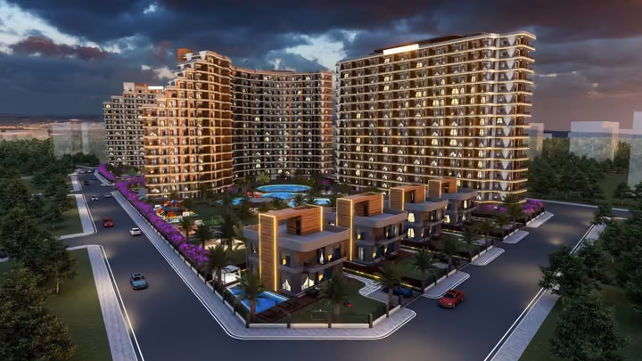 Architectural rendering of the residential buildings and street corner at dusk.