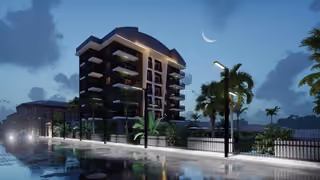 Evening architectural visualisation of the pool and residential building.