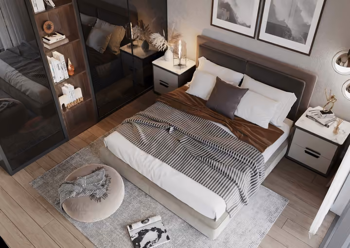 Developer interior visualization showing the bed, wardrobe and circulation space from above.