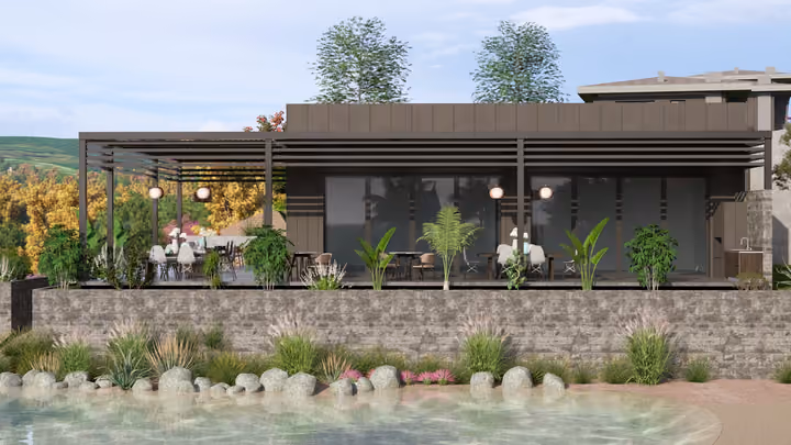A frontal view of a leisure pavilion above a landscaped pool. Architectural render supplied in the project source folder; it illustrates the proposed design.