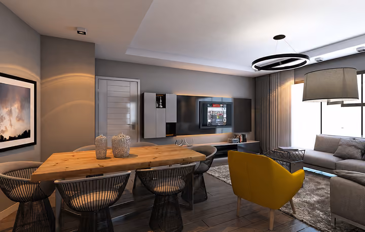 Architectural rendering of dining area and television wall.