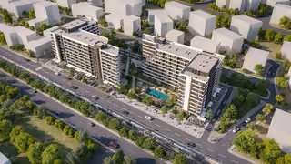 Architectural visualization of the apartment buildings within the surrounding neighborhood.