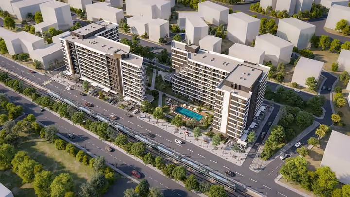 Architectural visualization of the apartment buildings within the surrounding neighborhood.