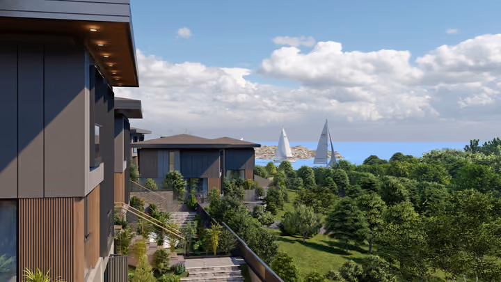 The side of a villa above gardens with the sea illustrated beyond. Architectural render supplied in the project source folder; it illustrates the proposed design.