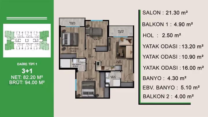 Three-bedroom plan showing 94 square metres gross area, two bathrooms and two balconies.