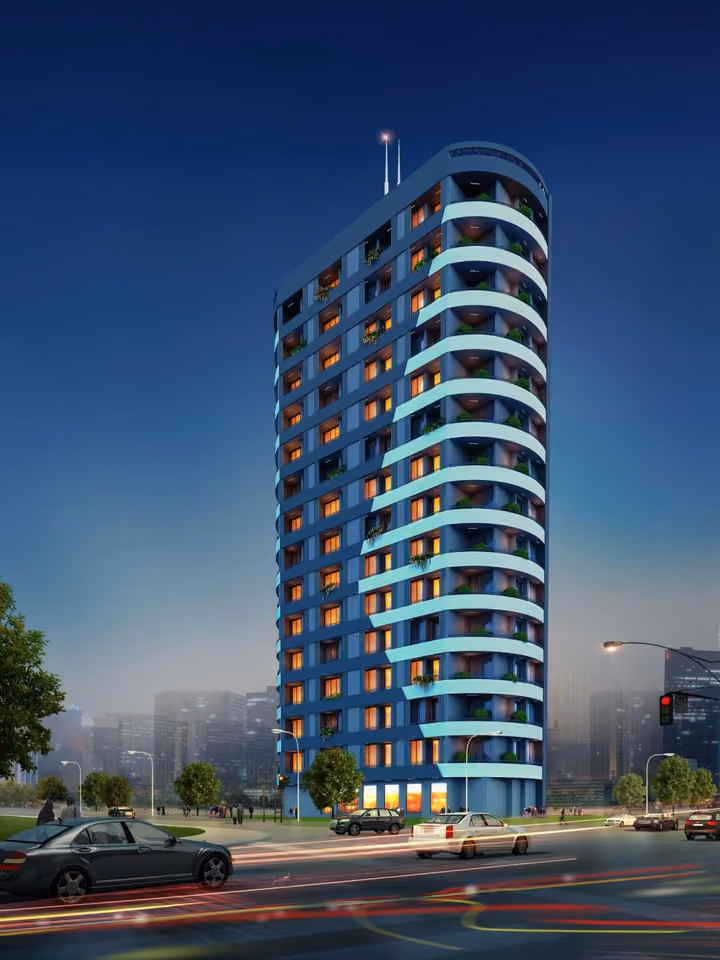 Night-time architectural rendering of the residential tower