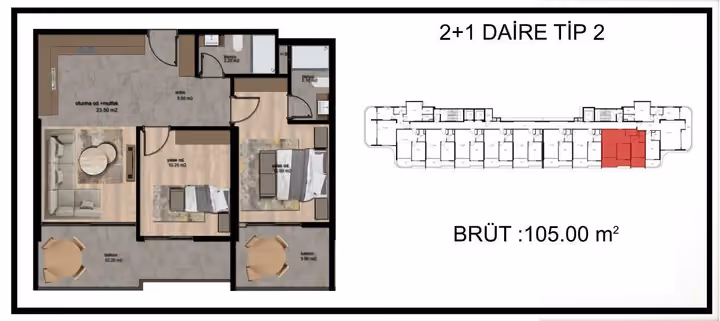 An alternative two-bedroom type 2 plan labels 105 square meters gross; it is project context and is not the 108 square meter sale option.