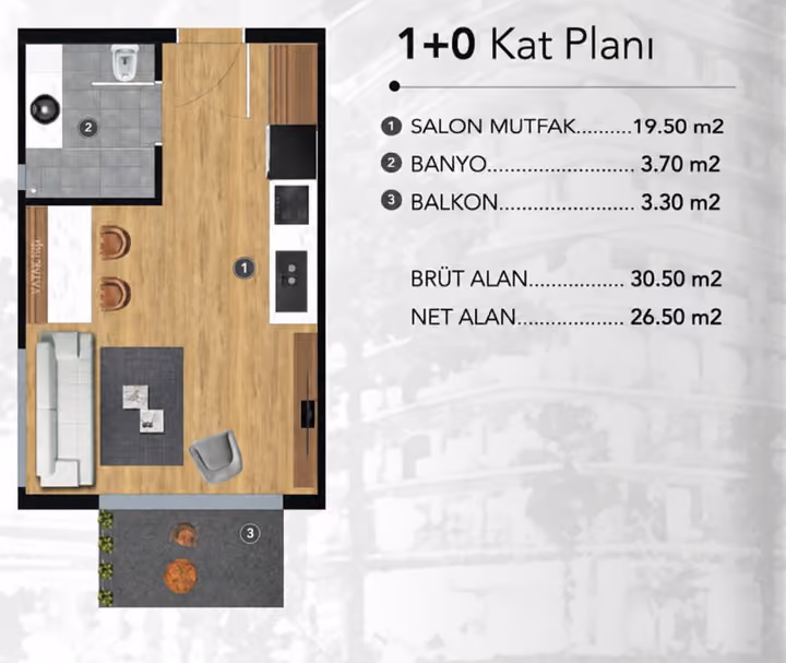 Published floor plan showing studio floor plan with one bathroom.