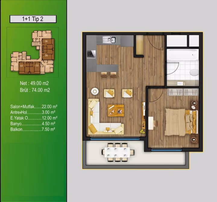 One-bedroom plan marked 74 square metres gross and 49 square metres net with one bathroom and a balcony.