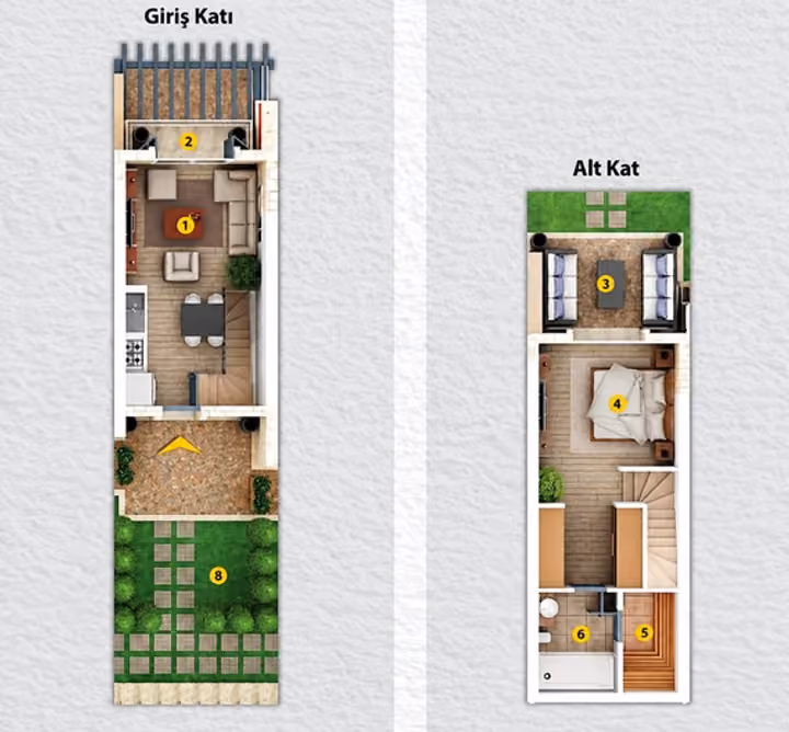 Illustrative floor plan showing duplex layout with entrance and lower floors. Catalogue configuration only; not confirmation of a currently available unit.
