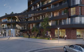 Architectural rendering of street-level shops and landscaped frontage.