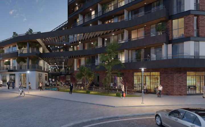Architectural rendering of street-level shops and landscaped frontage.