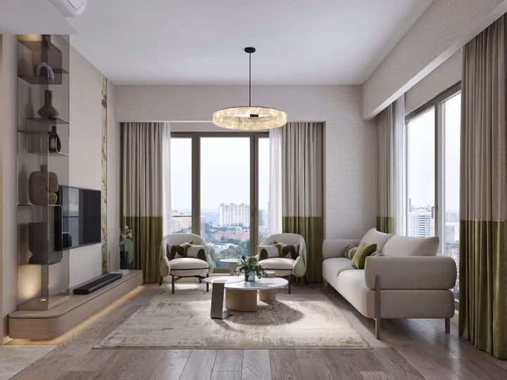 Interior rendering of a two-bedroom apartment living room in Topkapi