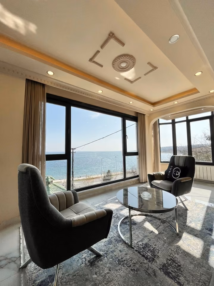 Sea view sitting area in the furnished seafront mansion in Buyukcekmece.