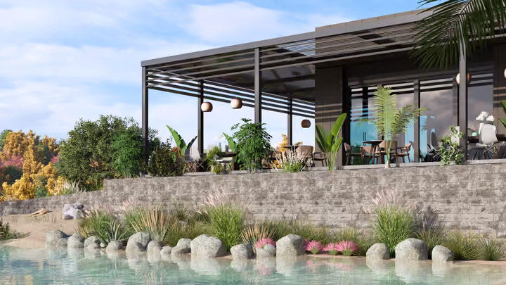An angled view of a leisure pavilion terrace and landscaped pool. Architectural render supplied in the project source folder; it illustrates the proposed design.