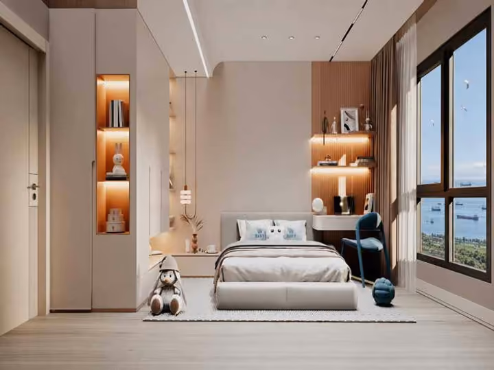 Architectural rendering of a bedroom with a single bed, built-in storage and large windows.