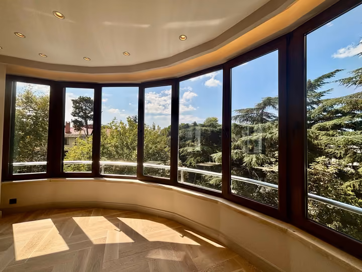 Curved living room windows with a view of mature trees.