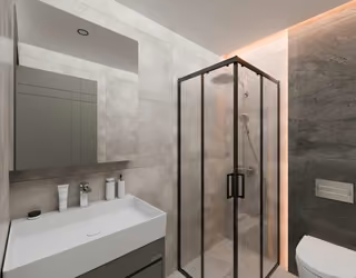 Interior visualisation of a bathroom with a shower enclosure.