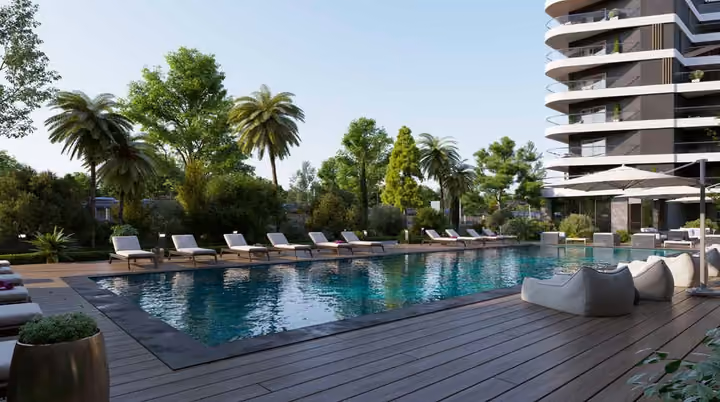 Architectural visualization of the pool, lounge seating and landscaped courtyard boundary.