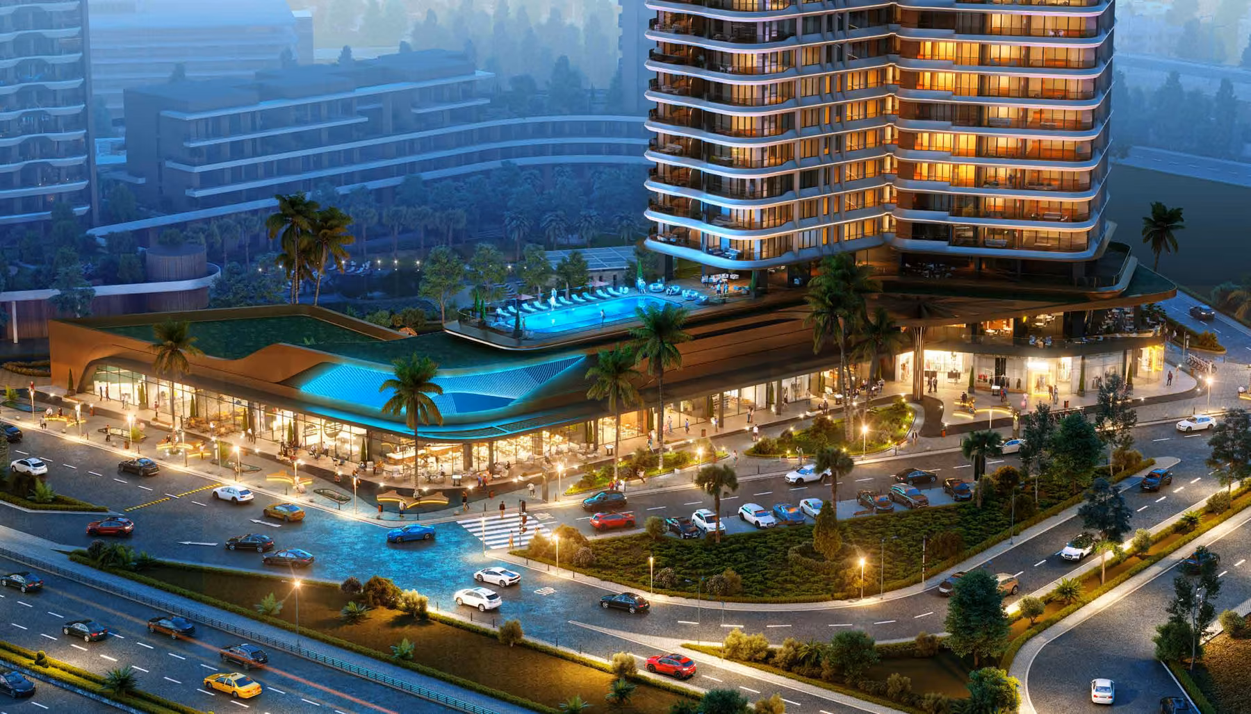 Architectural visualization of the raised pool, landscaped podium and street frontage at dusk.