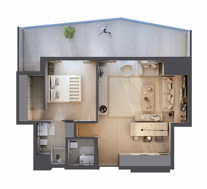 One bedroom apartment floor plan with terrace.