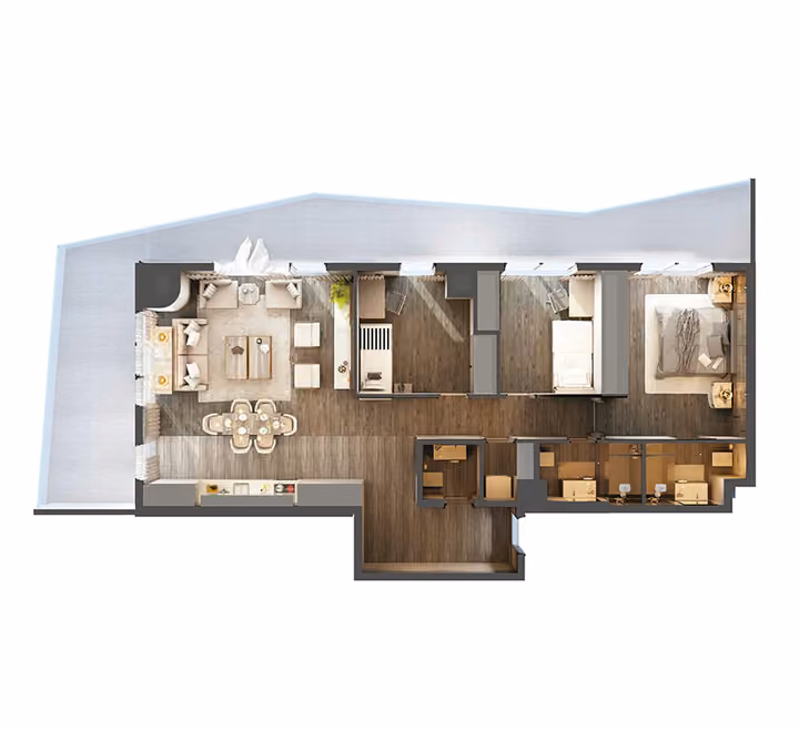 Three bedroom apartment floor plan with open kitchen.