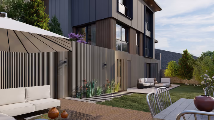 Outdoor seating and a dining table beside a villa facade and lawn. Architectural render supplied in the project source folder; it illustrates the proposed design.