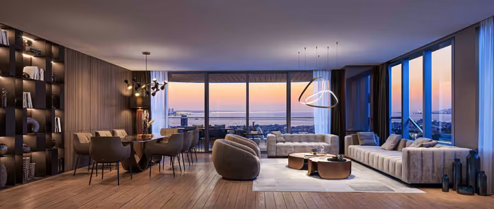 Developer interior visualization of an open living and dining space with full-height windows.