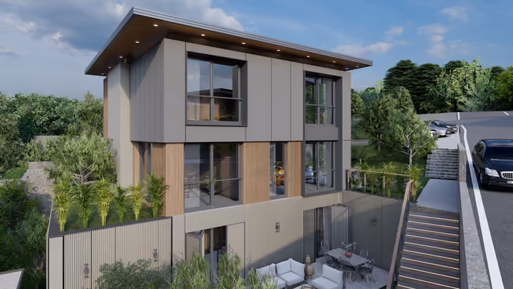 A tall villa facade beside a stepped path and lower garden. Architectural render supplied in the project source folder; it illustrates the proposed design.
