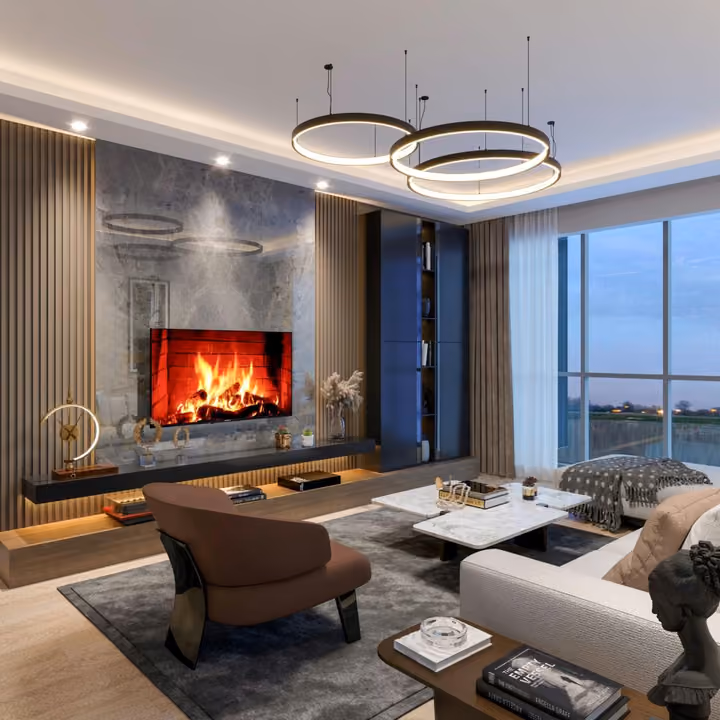 Representative living-room rendering with balcony glazing
