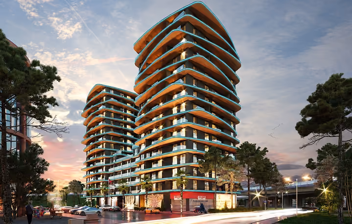 Architectural rendering of curved balconies on the twin towers.