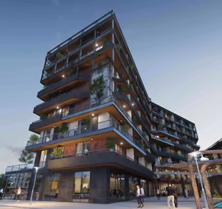 Architectural rendering of corner facade and ground-floor shops.